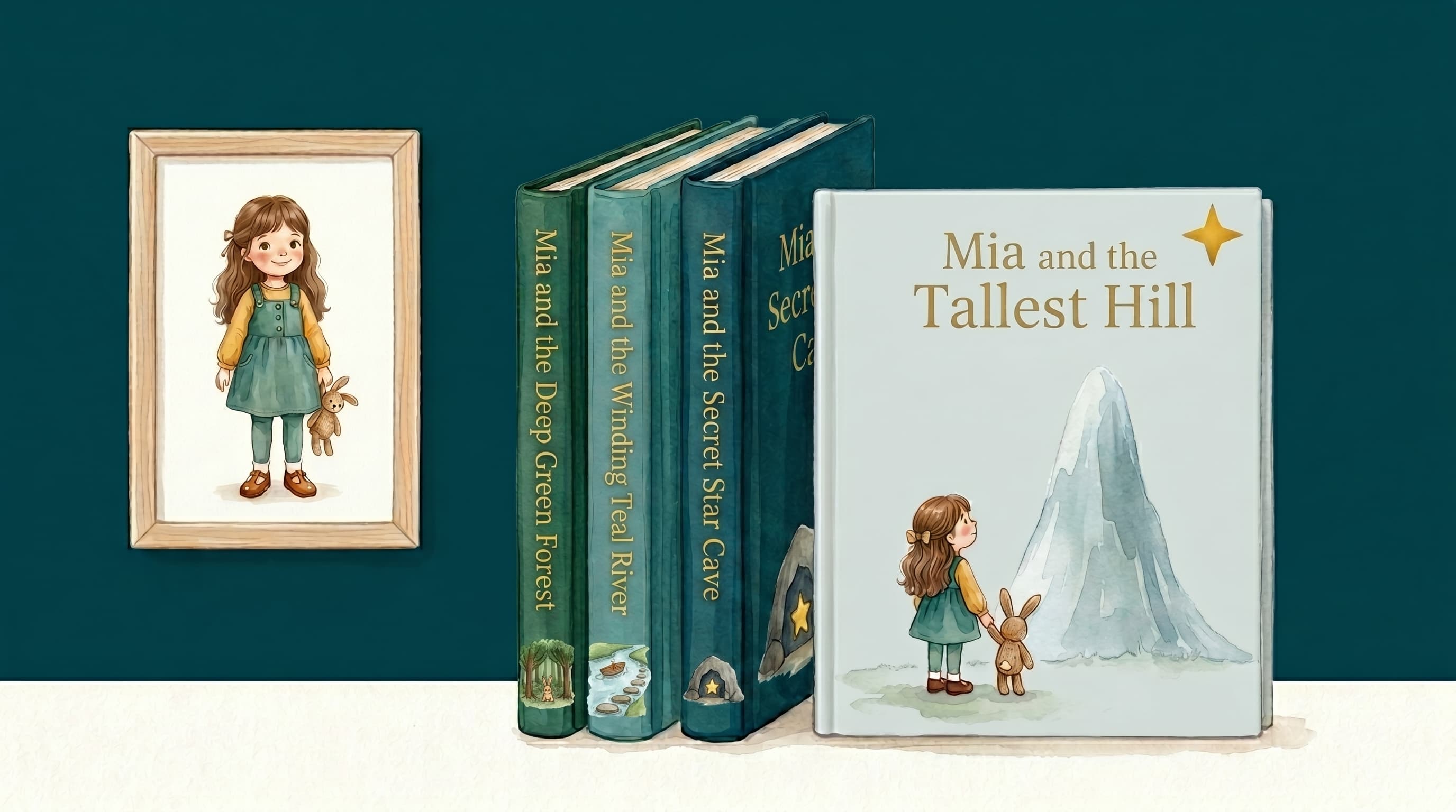 The saved hero beside a small library of their storybooks