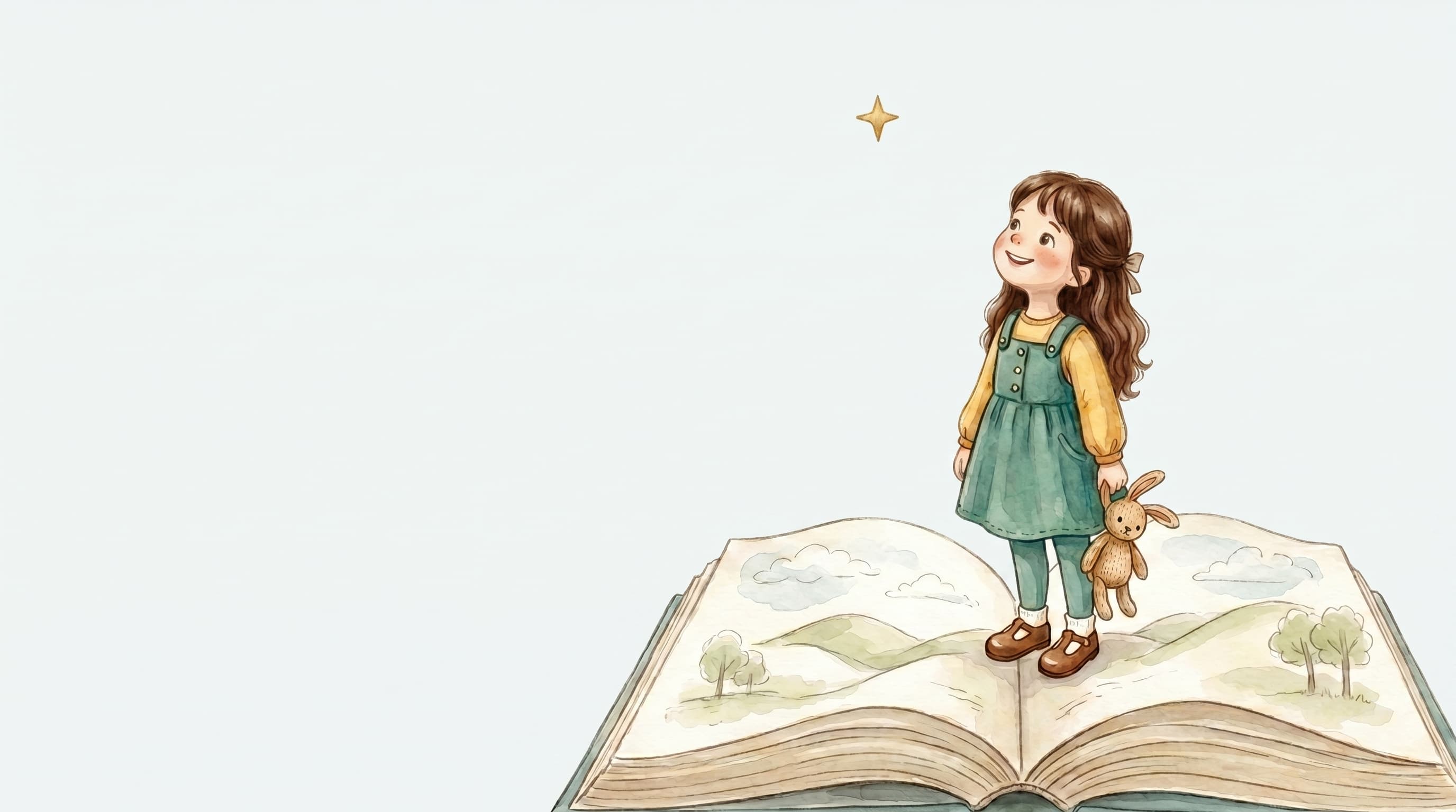 The hero standing on an open storybook, looking up at a star