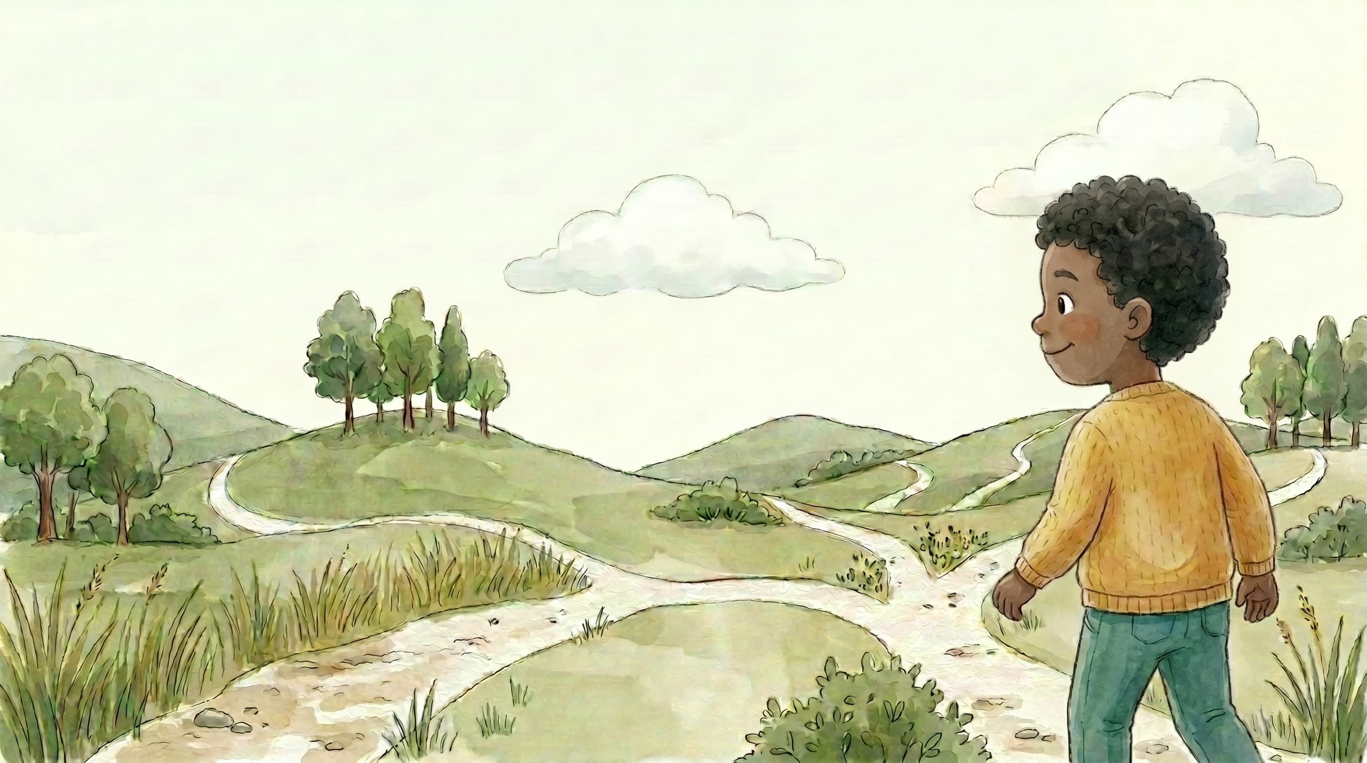 A child looking out over green hills and winding paths, in a soft watercolour style