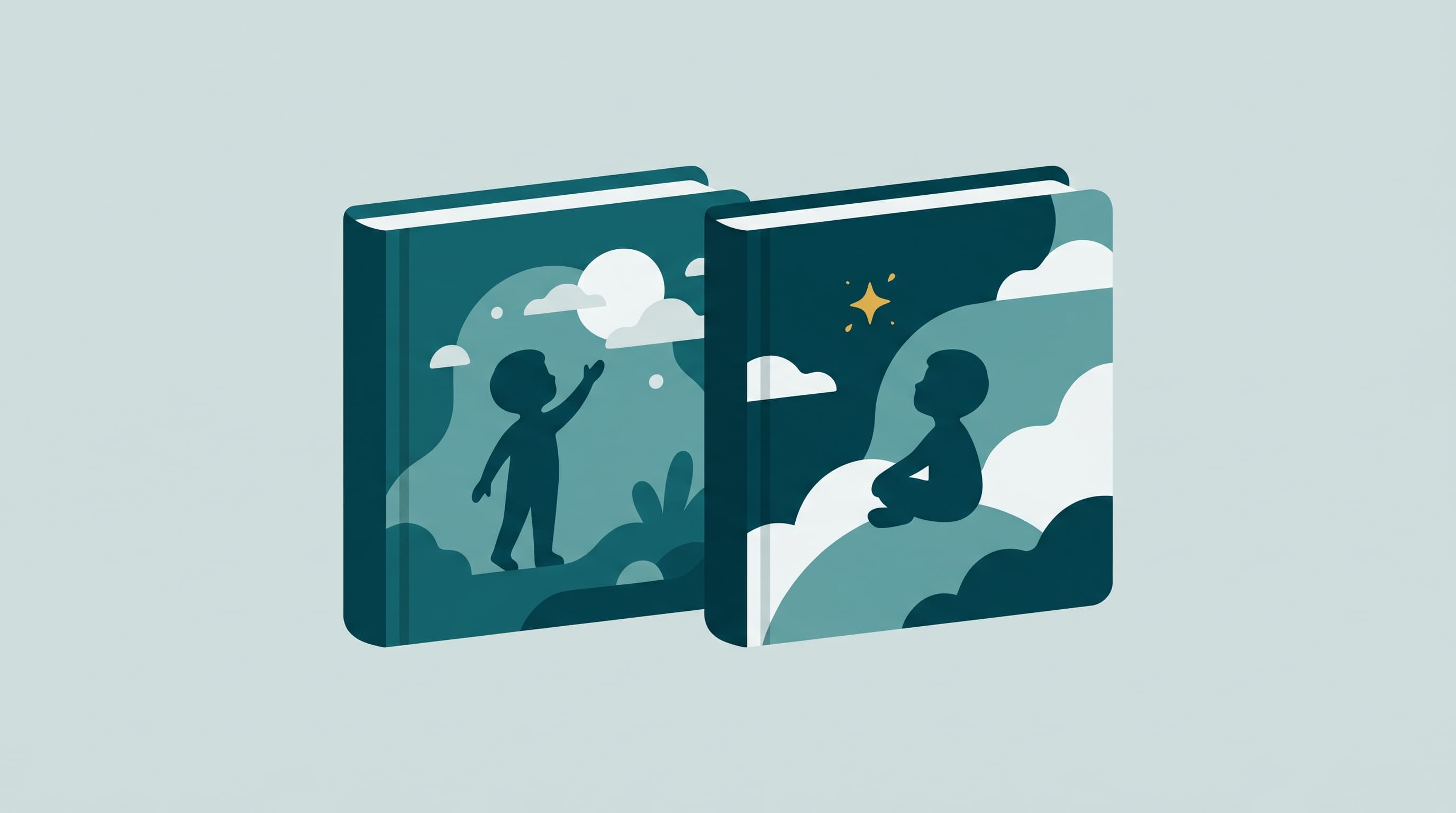 Two storybooks side by side, the same child on both covers, a small gold star on the second